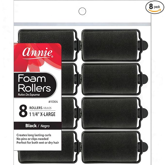 Annie Foam Hair Rollers 1.25 Inch X-Large, 8 Count Soft Sponge Curlers for Heatless Curls, No Pins or Clips Needed, For Wet or Dry Hair, Tight Defined Curls