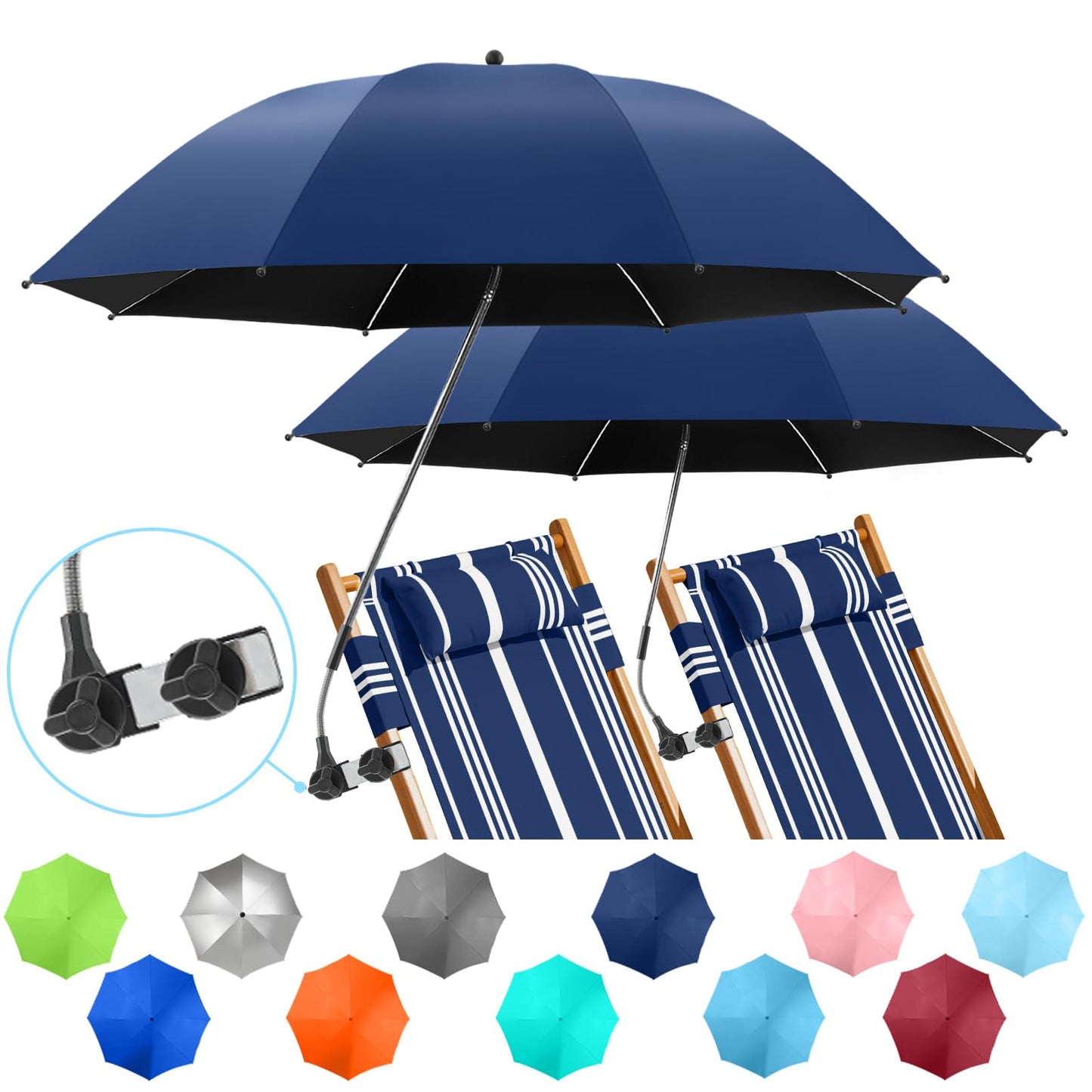 NBtoUS 2 PACK Chair Beach Umbrella with Clamp, 360 ° Adjustable Umbrellas for Chair, UPF50+ Umbrellafor Beach Chair, Patio Chair, Camping Chairï¼Ink Blue, Chair Not Included
