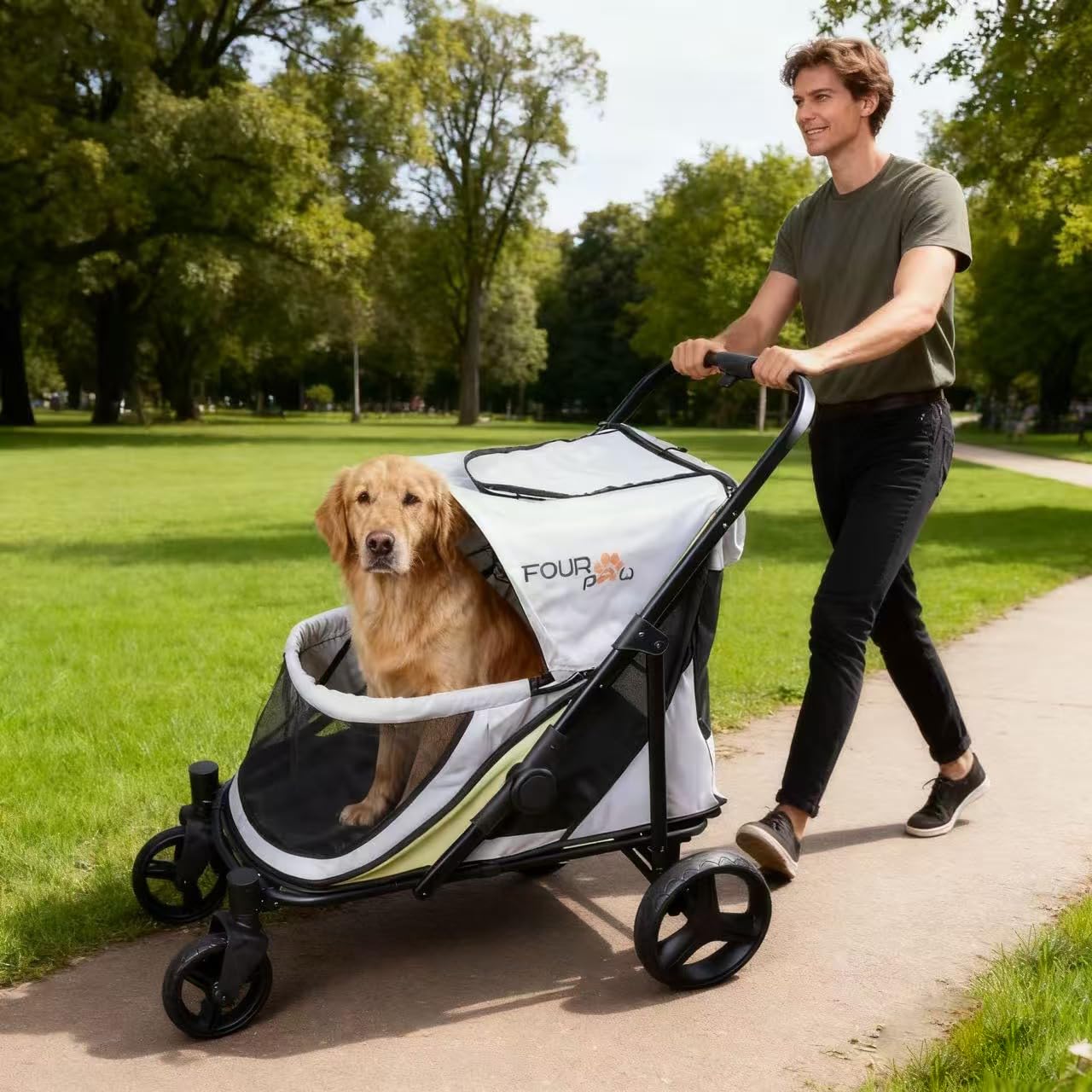 FOURPAW Dog Stroller for Medimu/Large Dogs - Easy Fold Dual Entry Pet Stroller with One-Foot Brake,Ideal up to 80 lbs.