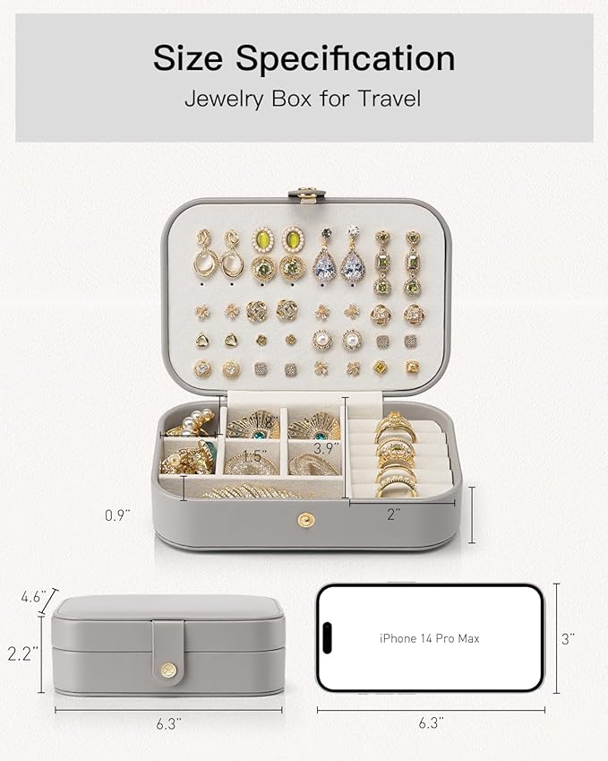 VLANDO Travel Jewelry Case, PU Leather Travel Jewelry Box with Earring Holder, Portable Display Small Jewelry Box for Mothers Day Women Girls Gift - Grey