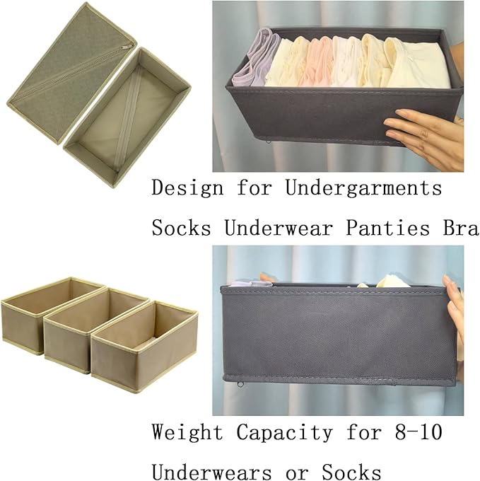 Sock Drawer Organizer 3 Pack - Collapsible Fabric Storage Bins for Underwear Divider, Small Closet Organizers with 3 Compartments, Khaki