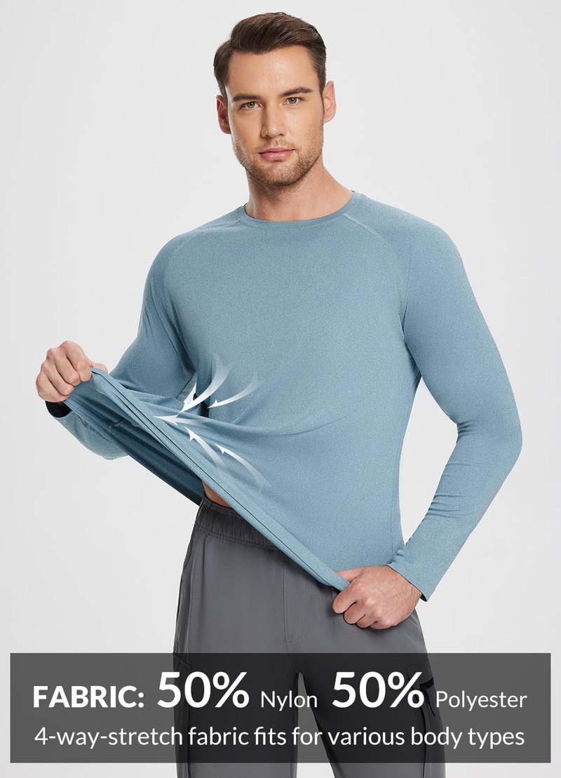 baleaf Men's UPF 50+ Long Sleeve Shirts Soft Rash Guard Breathable Lightweight Workout Running Hiking Tops Light Blue XL