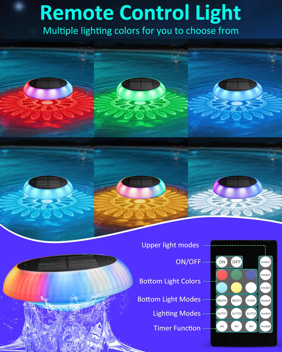 Yogaret Solar Floating Pool Lights - Pool Lights, 18 RGB Lighting Modes, IP68 Waterproof, for Inground and Above Ground Pool, Pool Party, Bathroom, Bathtub, Garden, Pond Decor(2Pcs)
