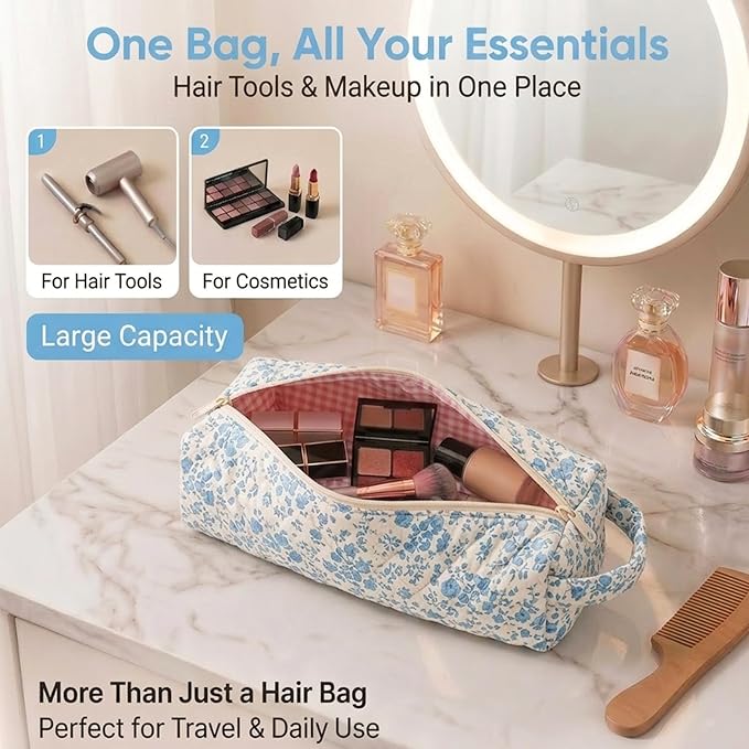 Hair Tools Travel Bag, Soft Compact Case Compatible with Dyson Airwrap & Shark Flexstyle, Curling Iron & Flat Iron Storage Organizer, 14" Portable Hair Accessories Bagï¼ÂBlue Flowerï¼Â