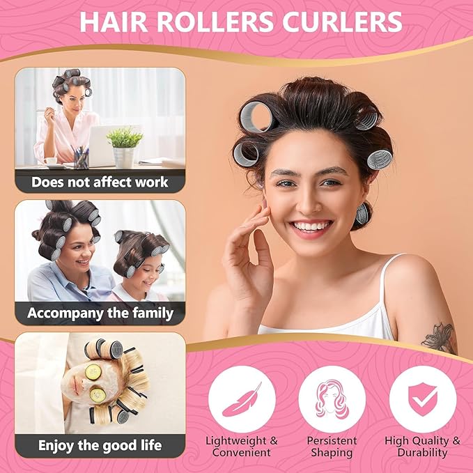 50Piece Hair Rollers set,Self Grip Hair Curlers for Long Medium Short Hair (6 Jumbo + 6 Large + 6 Medium + 6 Small + 1 Storage Bag) and 24Pcs Hair Clips /4-sizes 60 45 36 25mm