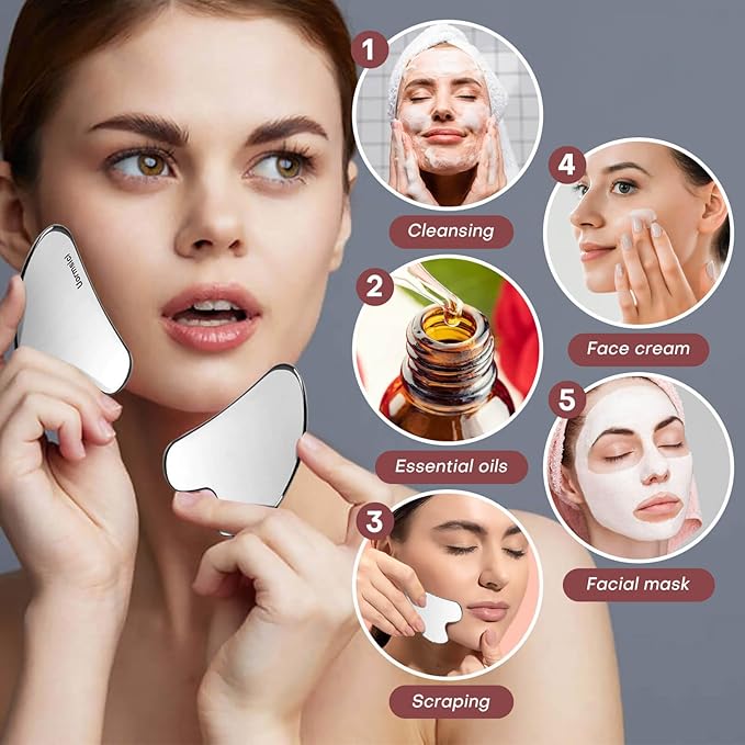 Metal Gua Sha Facial Tools, 100% 304 Stainless Steel Guasha Tool for Face, Premium Guasha Set for Face, Body, Gua Sha Stone for Tighten Skin