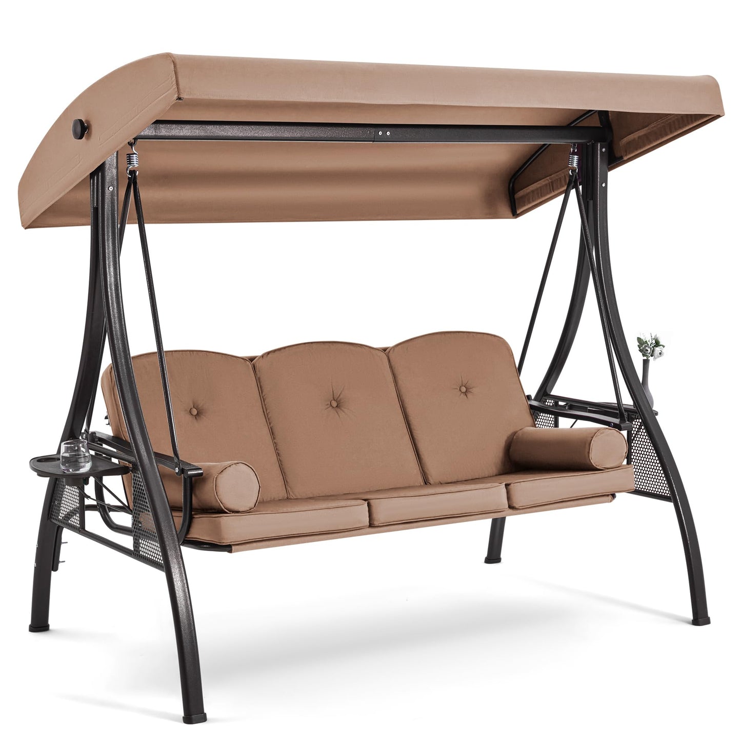 HOMREST 3 Seat Outdoor Porch Swing with 1.5" Deepened Cup Holder, Adjustable Canopy, Patio Swing Bed with Stand, Patio Glider Swing with Thicken Cushions, Pillow for Yard, Garden(Brown)