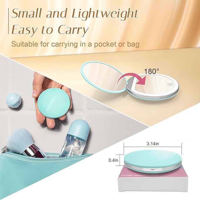 Kakuje Compact Mirror with Light, 1X/3X Magnification LED Pocket Mirror with USB Data Cable,Mini Mirror for Purse, Pocket,Travel and Present (Mint Green)