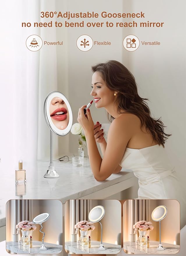 Brightown 10x Magnifying Mirror with Light,Flexible Gooseneck Make up Mirror with Lights and Magnification, Battery Operated with Suction Cups for Wall Bathroom Silver 3 Lighting