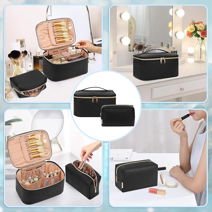 OCHEAL Makeup Bag Set, Portable Travel Makeup Bags Cosmetic Organizer Bag for Women Cute Floral Cosmetic Pouch Large Capacity Make up Bag PU Leather Toiletry Bags with Divider and Handle-Black
