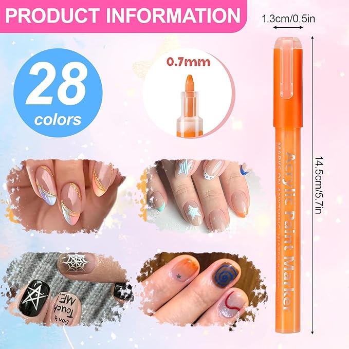 28 Color Nail Art Pens for Painting Nails, 2026 0.7 MM Nail Polish Pens Set Drawing Point Liner Acrylic Painted Pen Kit, Waterproof Quick-drying Nail for DIY Design Manicure Tools
