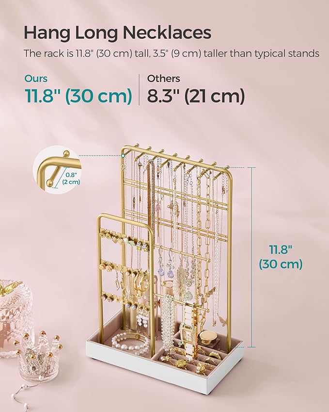 SONGMICS Jewelry Holder, Jewelry Organizer, Jewelry Display Stand with Metal Frame, Velvet Tray, Necklace Earring Bracelet Holder, for Studs, Rings, Gift Idea, Pale Gold UJJS021A01