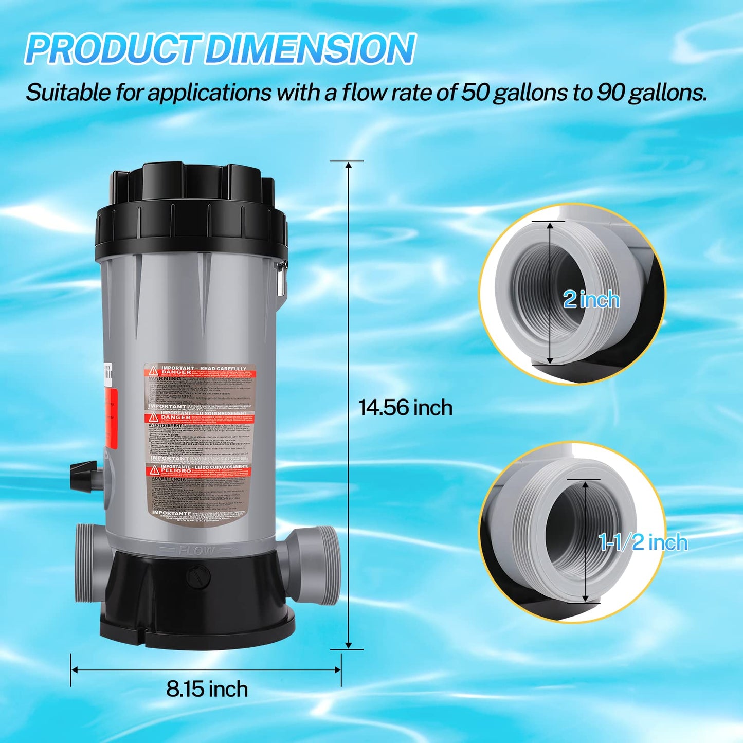 CL200 Inline Automatic Pool Chlorinator Feeder, Compatible with Hayward CL200 In-Ground Pools, Fits 1-1/2" Inner & 2" Outer Thread PVC Pipe, Large Capacity Chlorine Tablet Dispenser