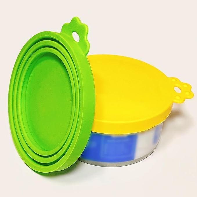 MoPawKT- Silicone Cat Dog Food Can Covers Lids, 3 Inner Diameters 2.6”/3”/3.4” Fit 3-15 oz Standard Cat Dog Food Cans/Tins, Multi-Size Canned Covers, BPA Free, Reusable(box set of 2 lids+1 spoon)