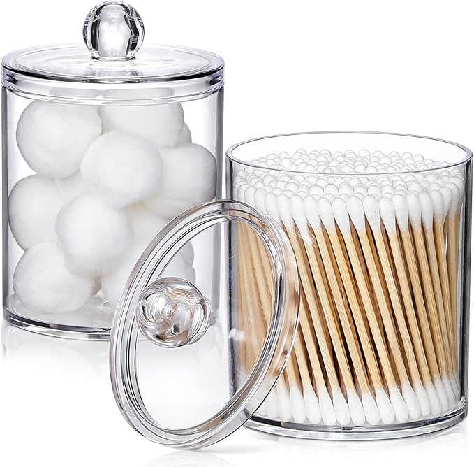 2 Pack Acrylic Qtip Holder Dispenser for Cotton Swabs, Balls, Pads, Floss Picks- Small Clear Plastic Canister Apothecary Jar Set, Bathroom Essentials Accessories Decor, Vanity Makeup Storage Organizer