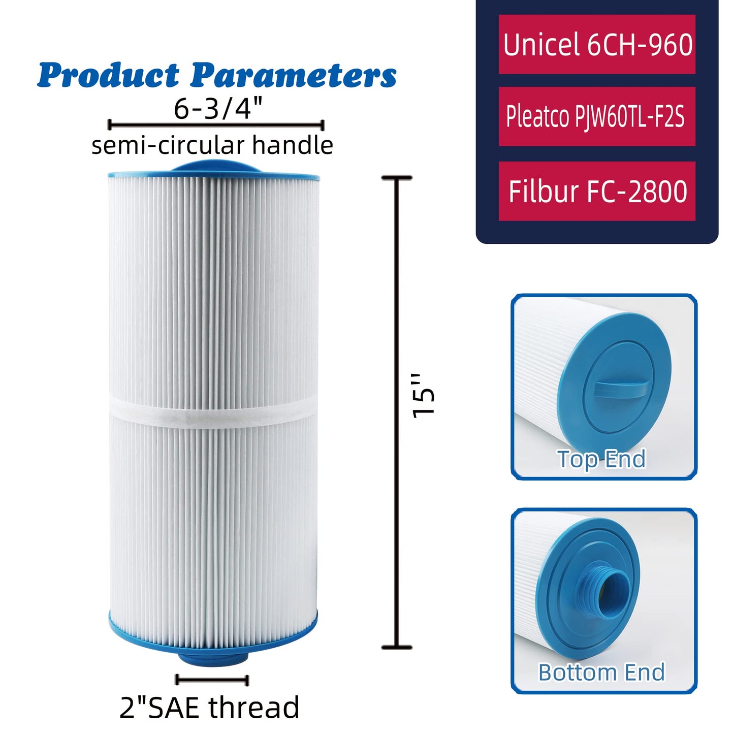 Mamokin Spa Filter 6CH-960 Replaces Jacuzzi Filters J-300 J-400, Unicel 6CH-960, Pleatco PJW60TL-F2S, Filbur FC-2800, 6540-476, 6540-383, Hot Tub Filter with Closed Handle(Not be Removed)- 2 Pack