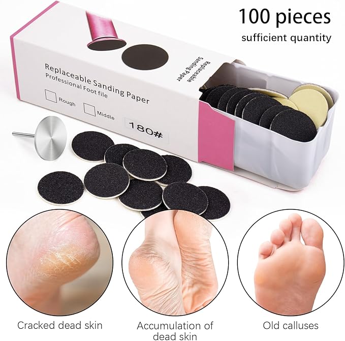 Sanding Paper Discs with Metal Nail Drill Bit Pedicure Sanding Disc 100pcs Sandpaper Discs 25mm Foot File Sandpaper Discs #180 Grits for Manicure Pedicure(Black)