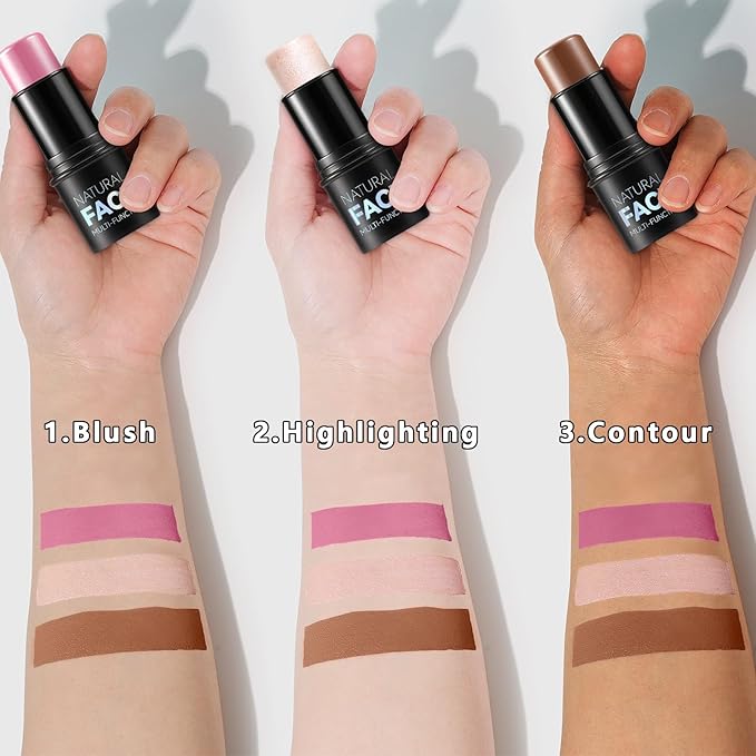 3Pcs Cream Contour Stick Makeup Kit, Shades with Highlighter, Blush and Bronzer Contour Stick for Sculpt the Cheeks, Long Lasting, Waterproof, Matte & Dewy Finish (LIGHT MEDIUM(2+5+6))