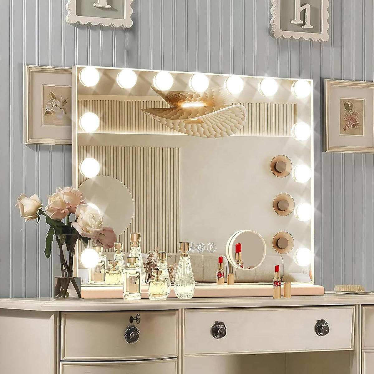 Hollywood Vanity Mirror with Lights, 15 Dimmable Bulbs, 3 Color Lights,Make Up Lighted Mirror, Aluminum Metal Frame, USB Charging Portï¼23" x 18"ï¼
