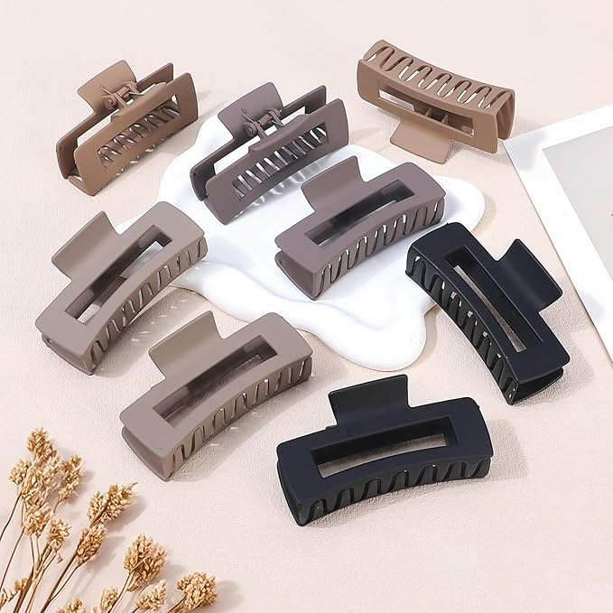 8 Pcs Large Hair Claw Clips 4.1 Inch Non-slip Big Square Matte Hair Claws for Women, Strong Hold Banana Clip for Thick Thin Hair(Grey/Khaki/Black)