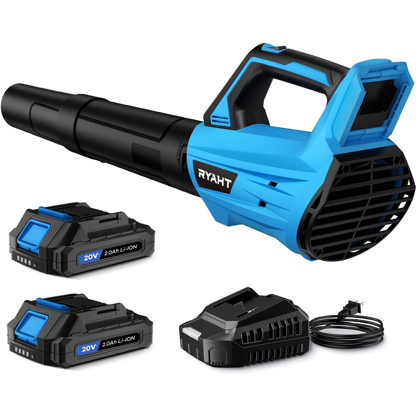 Leaf Blower Cordless, Electric Leaf Blower with 2 Batteries and Charger, 2 Speed Modes, Extension Tube, 20V Powerful Lightweight Blowers for Lawn Care, Blowing Leaves, Patio Cleaning and Dust, Blue