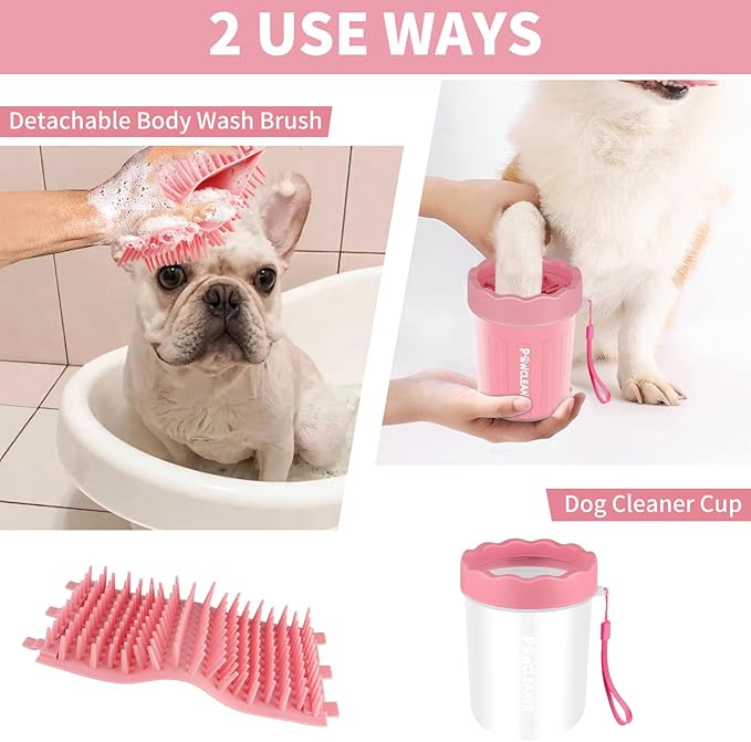 Professional 7 in 1 Dog Paw Cleaner for Dogs & Cats - Includes 1 Portable Paw Washer, 1 Bath Brush, 2 Dog Toothbrushes and 3 Absorbent Towels Note: Fits Paws up to 2 Inches Wide (Small, Light Pink)