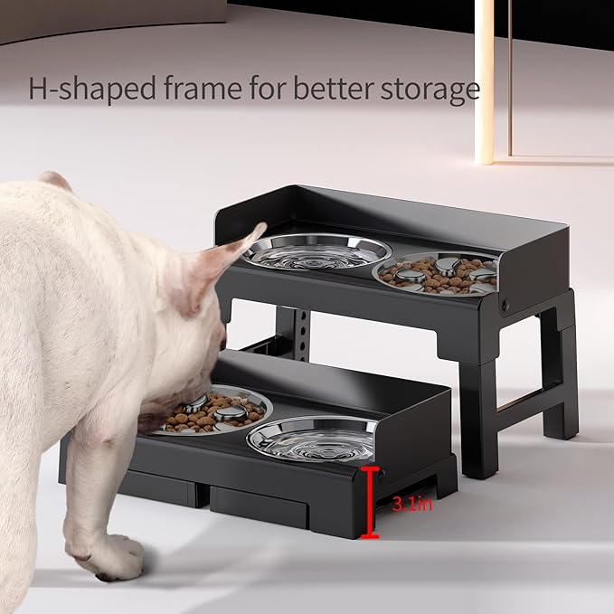 PAKEWAY Elevated Dog Bowls, Spill Proof, Tiltable Pet Feeder with 1 Stainless Steel Bowl &1 Stainless Steel Slow Feeder Bowl, 6 Height Adjustable Raised Bowls Stand for Medium Large Dogs