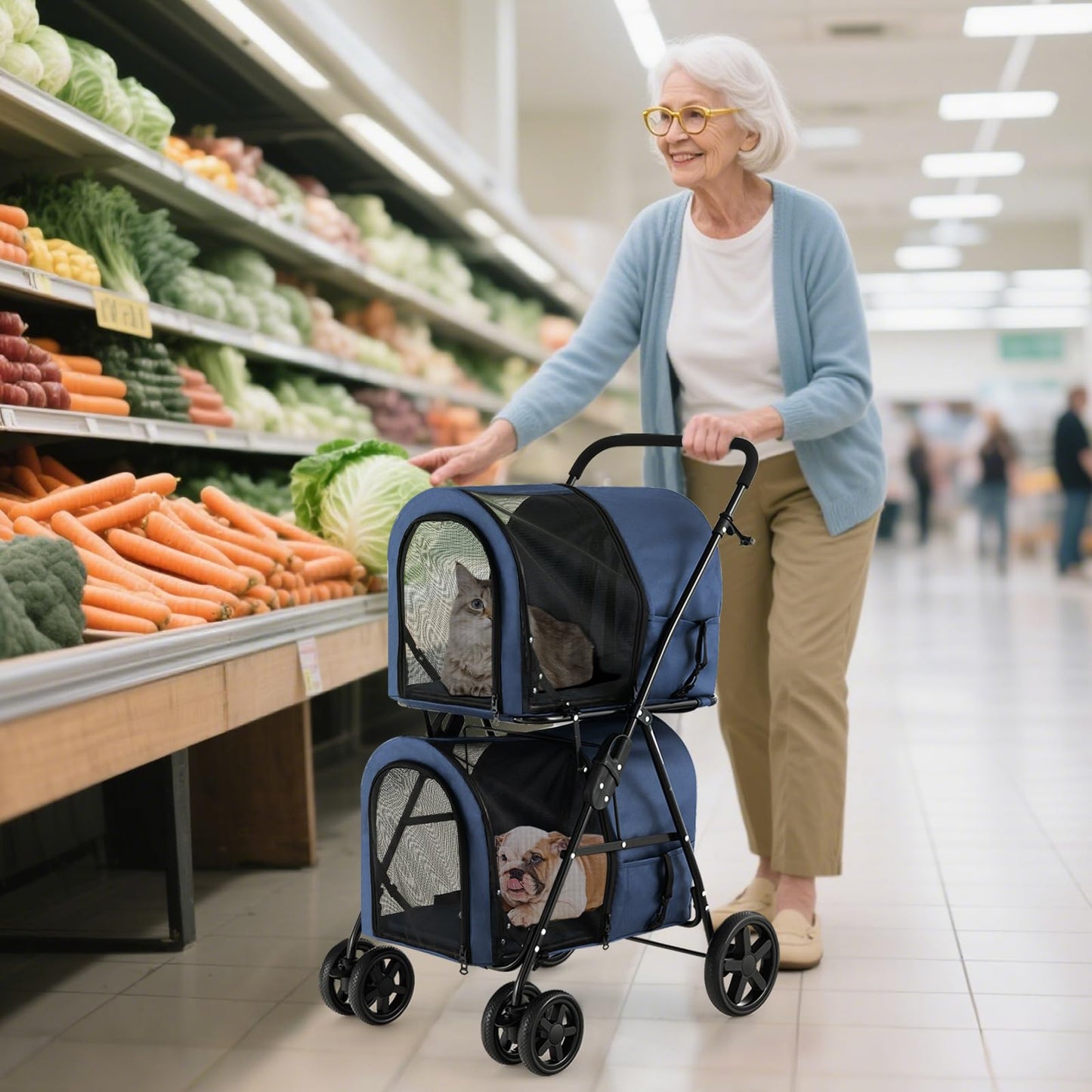 HAPPAWS Dog Stroller with 2 Detachable Carrier, Pet Stroller for Small Medium Dogs Cats, Jogger/Travel/Camping, 4-in-1 Doggy Pet Carrier, Carrier Strolling Cart with Lockable Wheels, Navy Blue