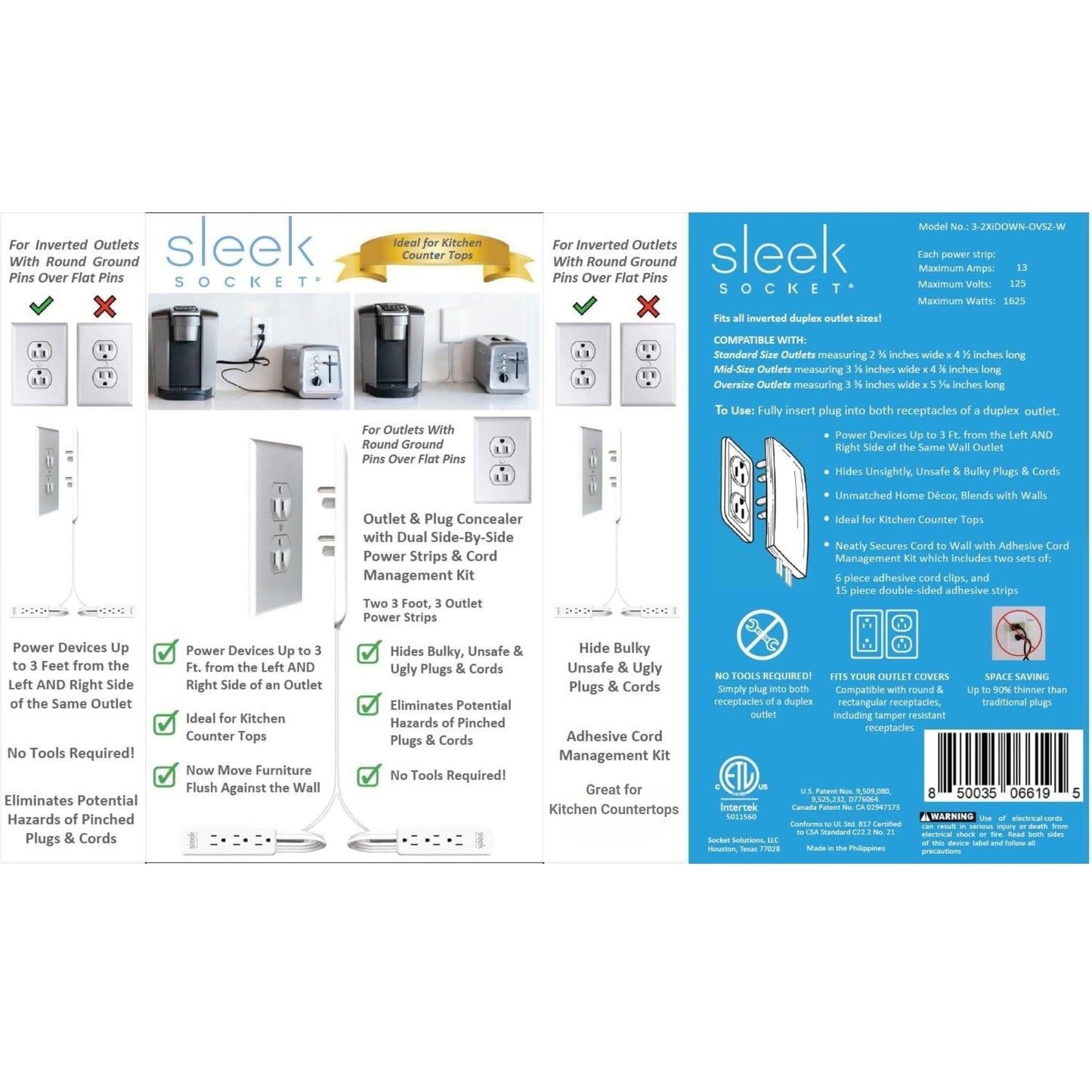 Sleek Socket Original & Patented Ultra-Thin Outlet Concealer with Cord Concealer Kit, Flat Extension Cord with Multi Outlets Power Strip, Ideal for Home Improvement, Hide Bulky and Messy Cords