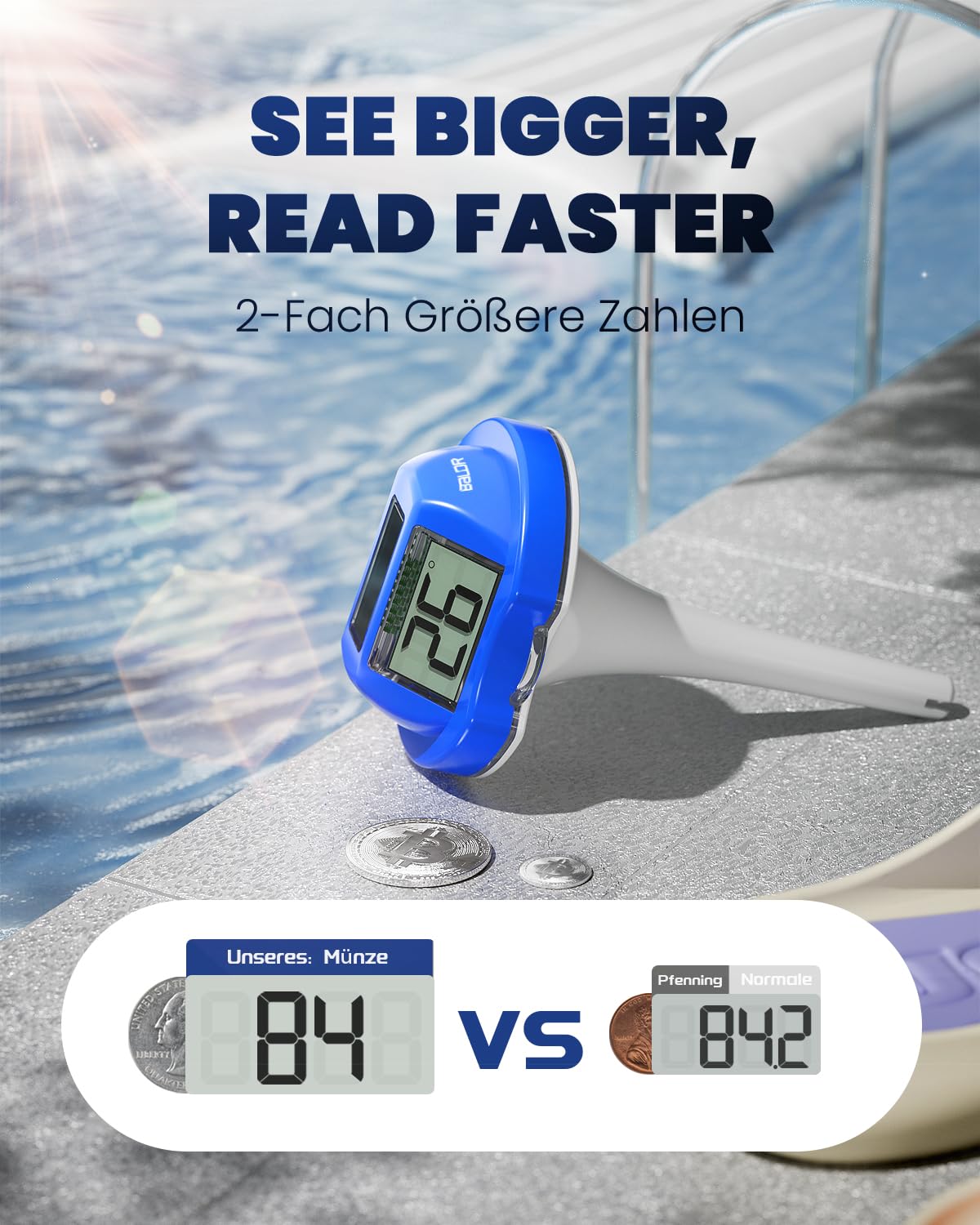 BALDR Pool Thermometer Floating Easy Read, Solar Digital Pool Thermometer with Dual Large Screens, IPX7 Water Temperature Gauge for Inground Above Ground Pools & Spas (Darkblue)