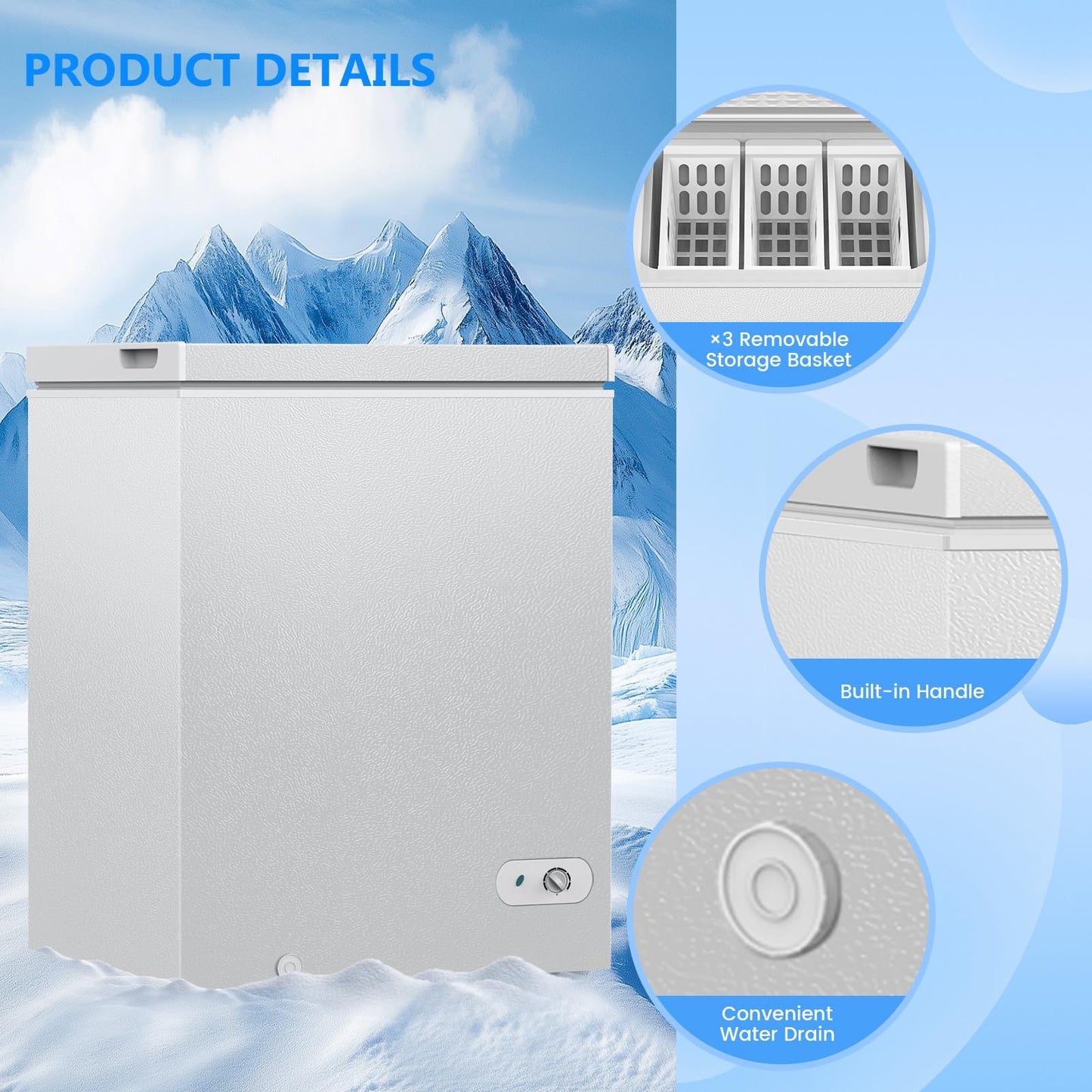 Cowsar 5.0 Cu.Ft Deep Freezer with 3 Basket, Quiet Chest Freezer Adjustable 7 Thermostat, Compact Freezer Free-Standing Top Door, Energy Saving for Apartment/Garage/Basement/Dorm/Home,White