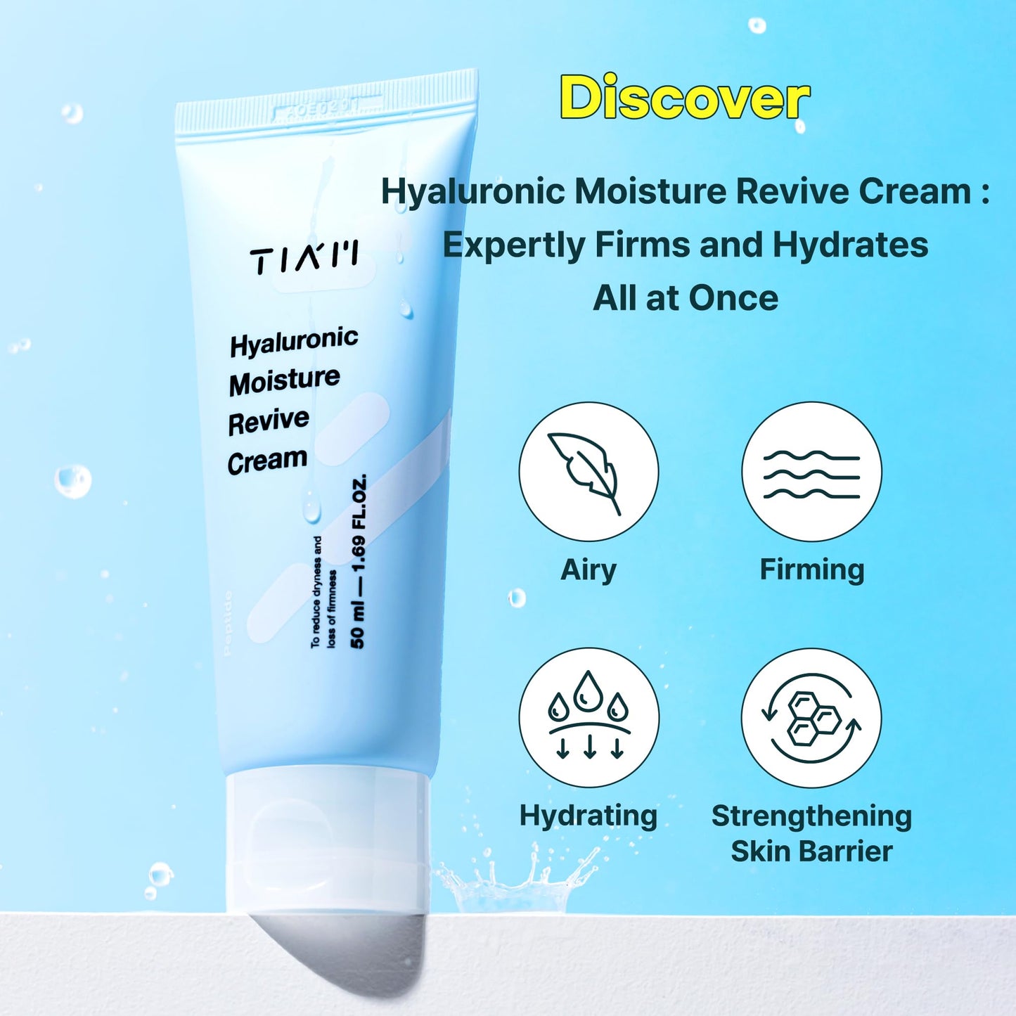 TIA'M TIAM Hyaluronic Moisture Revive Cream, 1.69 fl oz, Peptide & Ceramide Facial Moisturizer for Long-Lasting Hydration and Firming, Perfect for Dry and Dehydrated Skin, Korean Skin Care