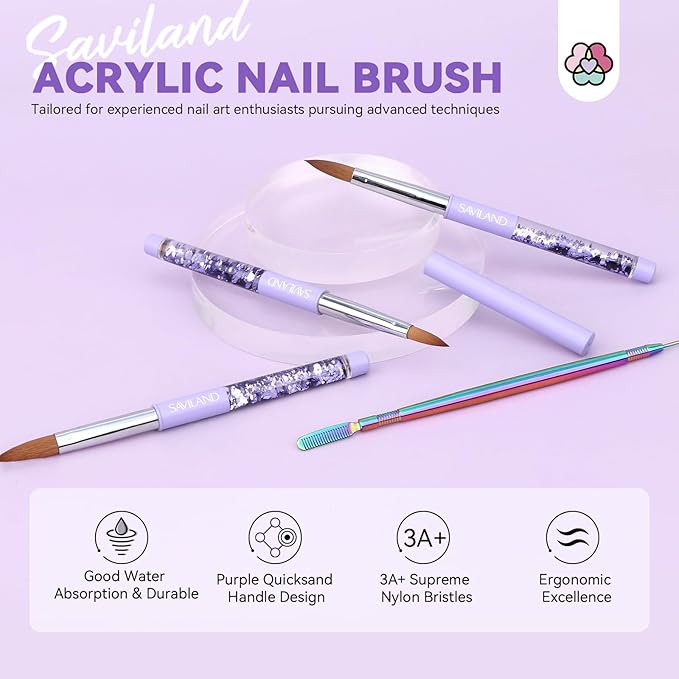 SAVILAND Kolinsky Acrylic Nail Brush Set: Size 6,10,14 Professional Nail Brushes Cleaner Manicure Tool for Acrylics Application Acrylic Powder Nails Extension 3D Carving for Nails Art DIY
