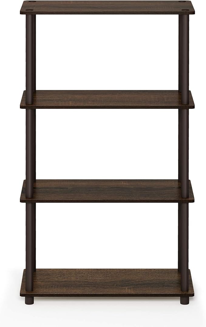 Furinno TURN-N-TUBE Storage Shelves, 4-Tier Toolless Book Shelf, Corner Shelf, Toolless Open Shelves, for Organization and Storage, Living Room, Garage, Home Office, Walnut