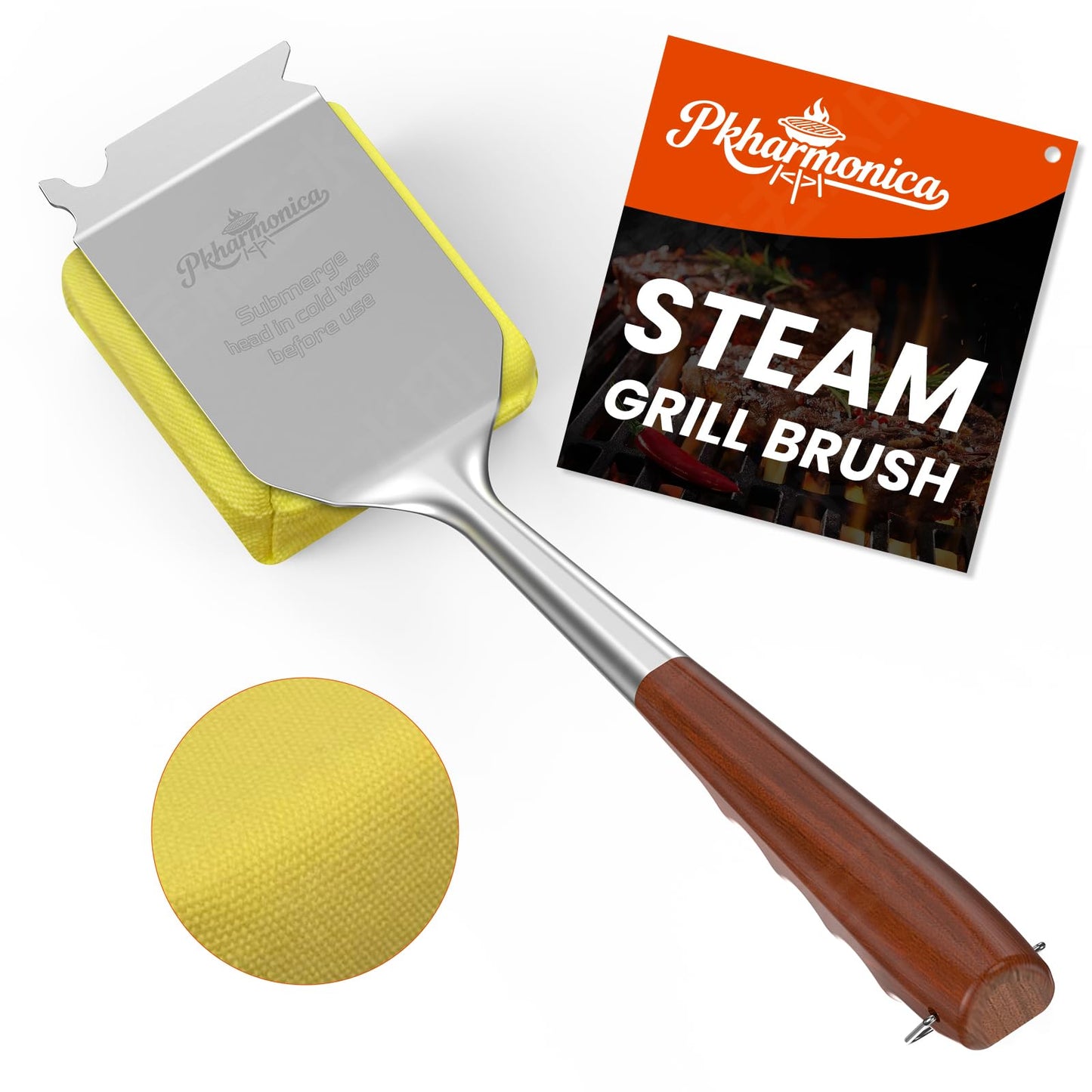 Grill Brush for Outdoor Grill, Bristle Free Grill Brush with Scraper, Safe Steam Grill Cleaner for BBQ &Griddle, Long Rosewood Handle Reaches Corners, for Porcelain, Cast Iron & Stainless Steel Grates