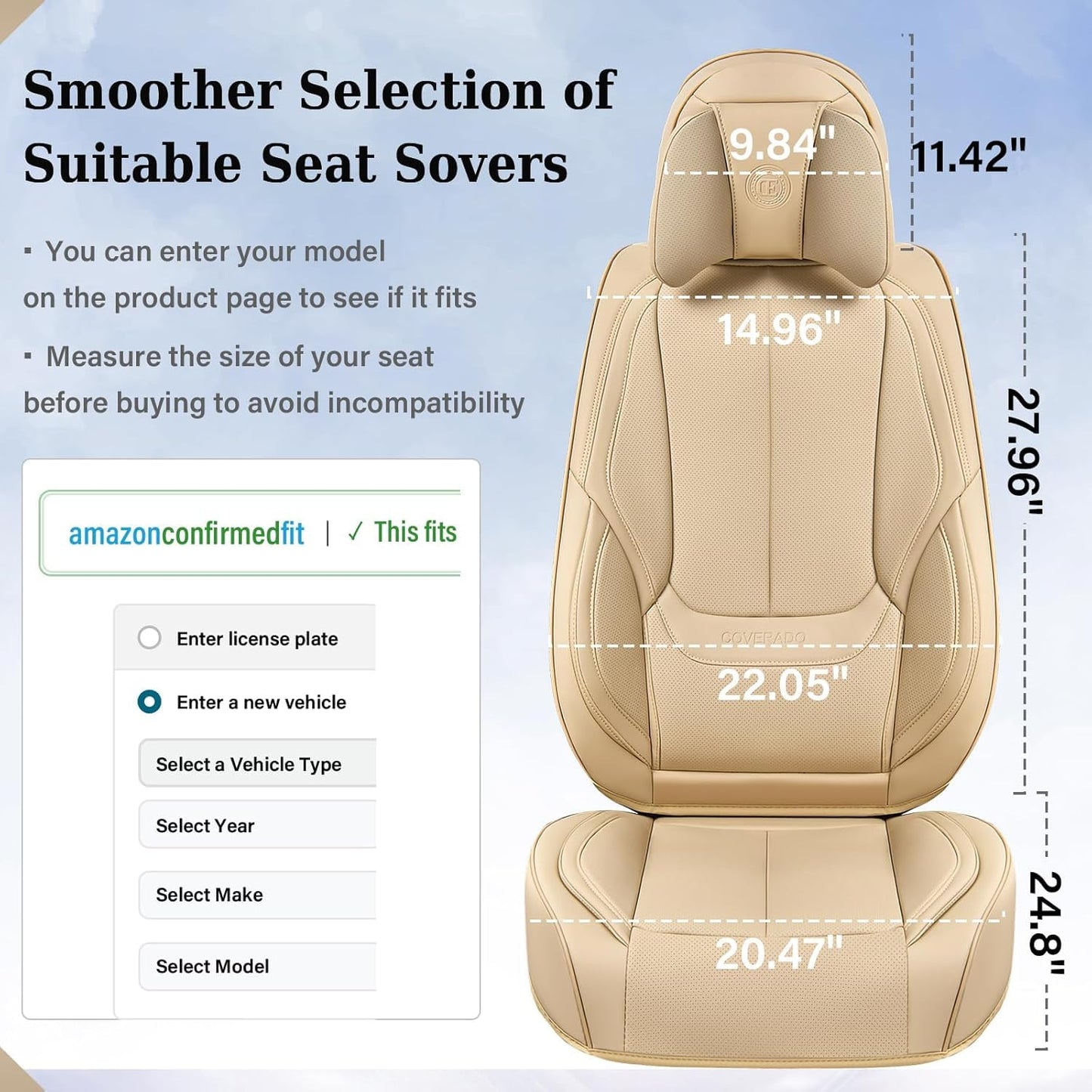 Coverado Universal Seat Covers Full Set, 5 Seats Universal Seat Covers for Cars, Waterproof NAPPA Leather Car Seat Covers with Head Pillow, Seat Protectors Fit for Most Sedans SUV Pick-up Truck, Beige
