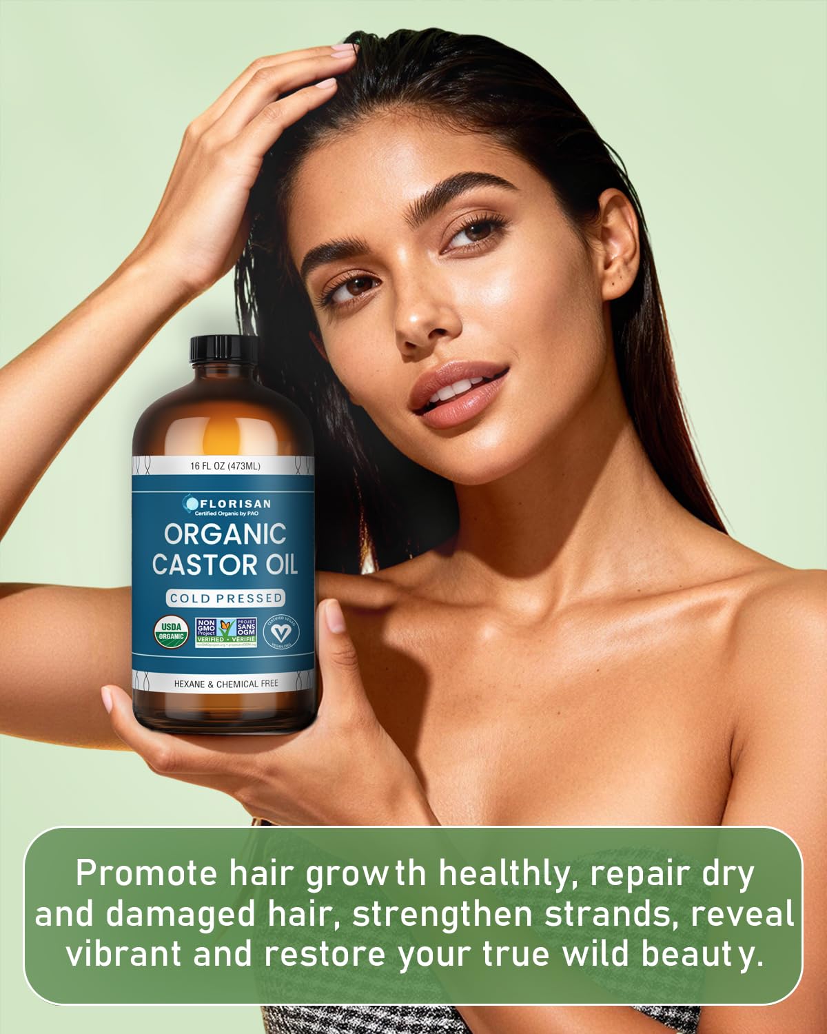 Florisan Organic Castor Oil 16oz Glass Bottle, Cold Pressed, Hexane-Free, Non-GMO, 100% Pure Castor Oil for Hair Growth, Skin, Lashes, Eyebrows, EWG Verified & USDA Organic Certified