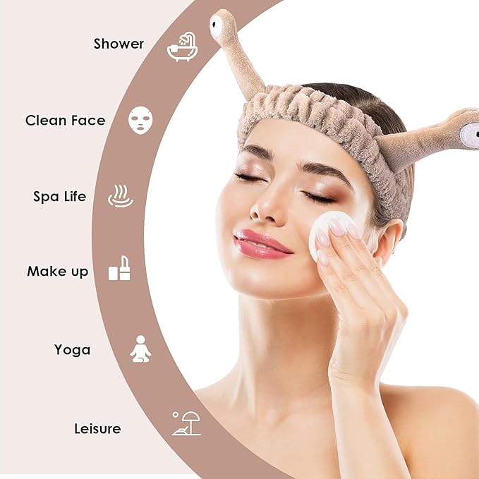 Face Wash Headband, Palm and Snail Spa Hair Bands Makeup Headbands Women Cartoon Cute Coral Fleece Elastic Headband Creative Hair Accessories for Washing Face Shower Sports (Khaki)