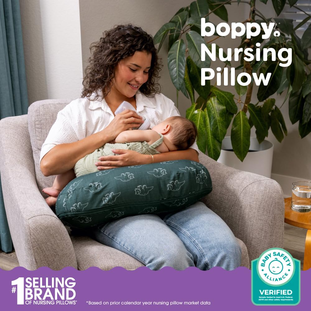 Boppy Nursing Pillow - Firm, Ergonomic U-Shaped Bottle and Breastfeeding Pillow with High Lift for Comfort and Support, Spacious Surface - Forest Green Dinos