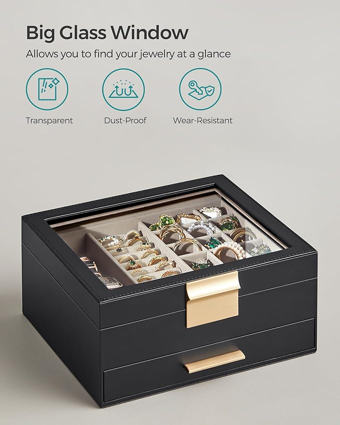 SONGMICS GISELLA Collection - Jewelry Box Organizer, 2-Layer Jewelry Storage with 1 Drawer, Shiny Metal Hardware, Glass Lid, Modern, 8 x 9.1 x 4.1 Inches, Ink Black and Gold Color UJBC174B01