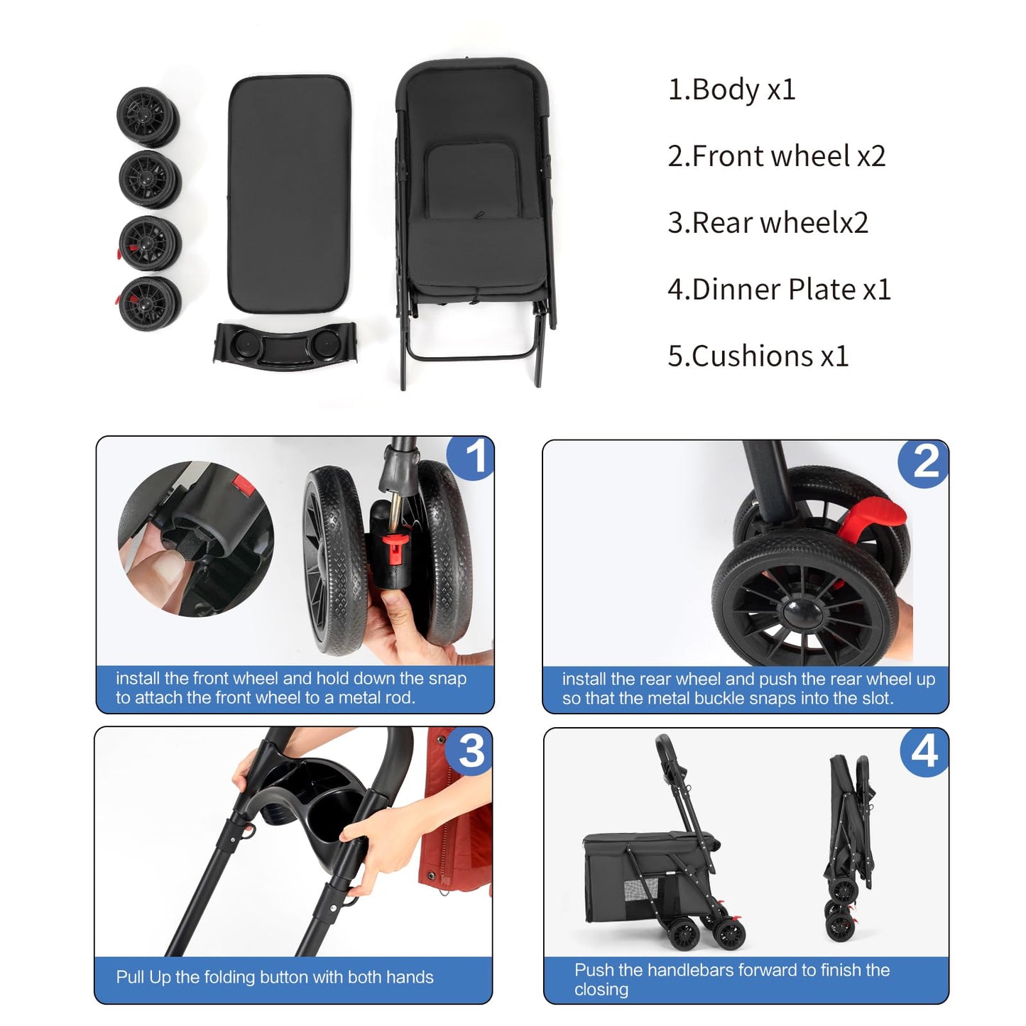 Pet Stroller Cat Dog Stroller Travel Folding Pet Carriers(Black)