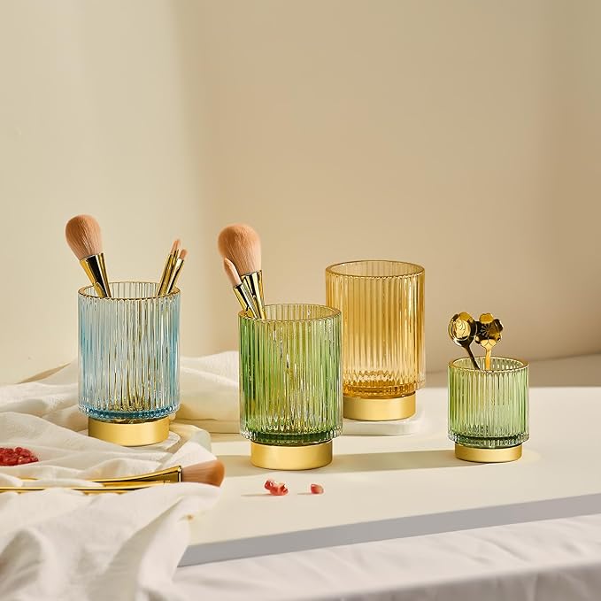 Makeup Brush Holder Organizer,Toothbrush Holders,Desk Pen Pencil Holder,Multifunctional Vintage Glass Brush Cup(S+L/Green/A3-1-US)