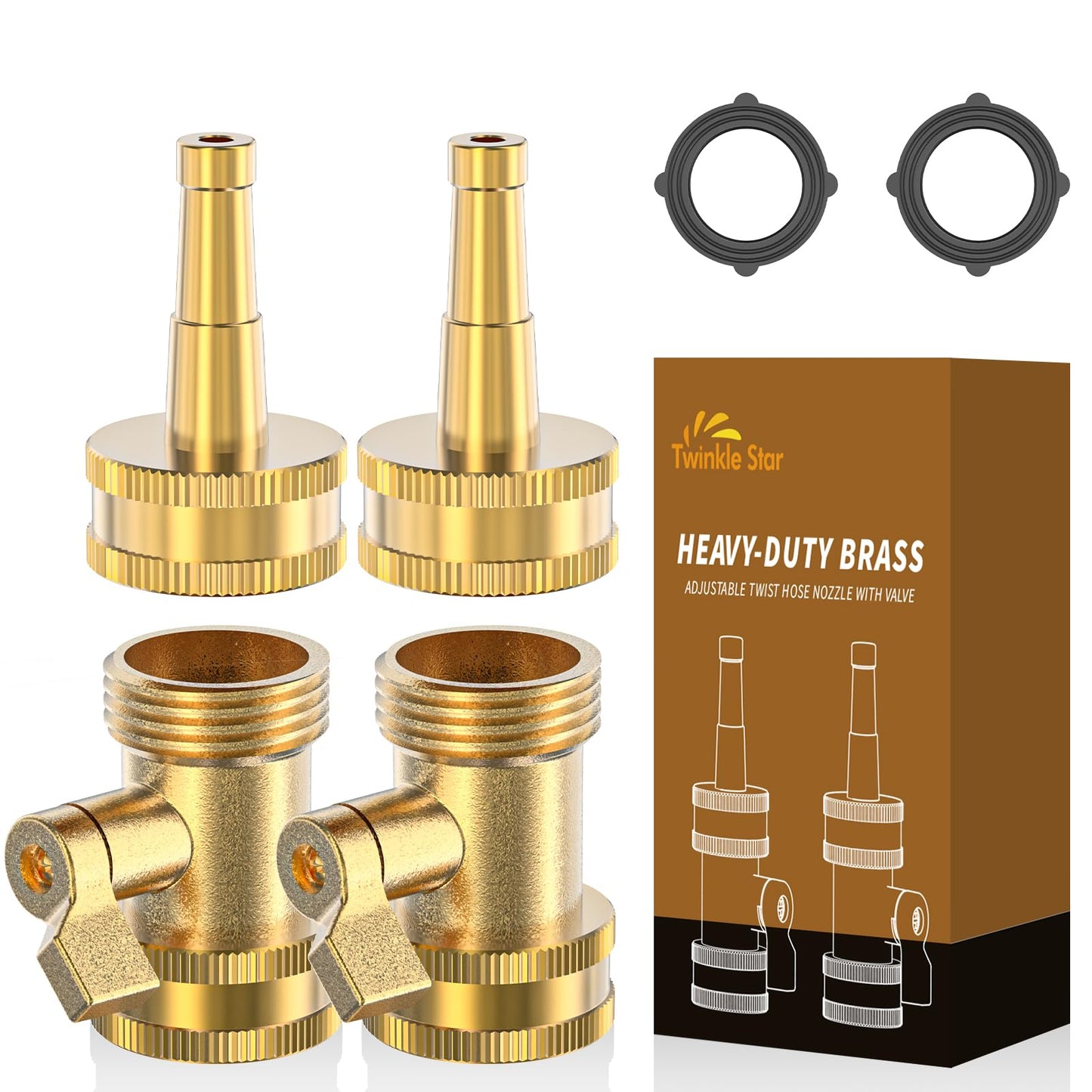 Twinkle Star Brass Hose Nozzle 4 Pack, Jet Nozzle High Pressure Hose Nozzle with Leakproof Shut off Valve, Upgraded Valve Handle, 3/4â GHT Nozzles for Garden Hose, Car Wash, Extra 2 Rubber Washers