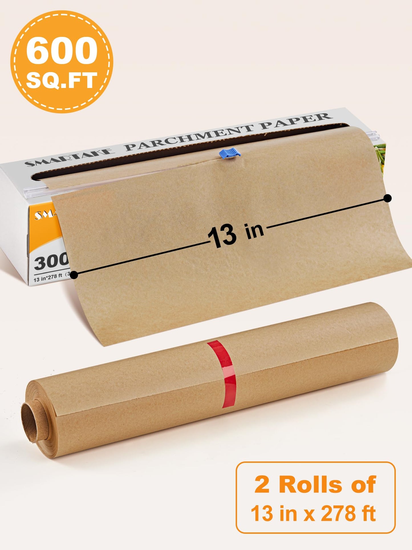 SMARTAKE Parchment Paper Roll for Baking, 2-Pack of 13 in x 278 ft, 600 sq.ft, Non-Stick Baking Paper Sheets with Slide Cutter, Heavy Duty Extra Long, for Kitchen Baking Cooking Grilling, Unbleached