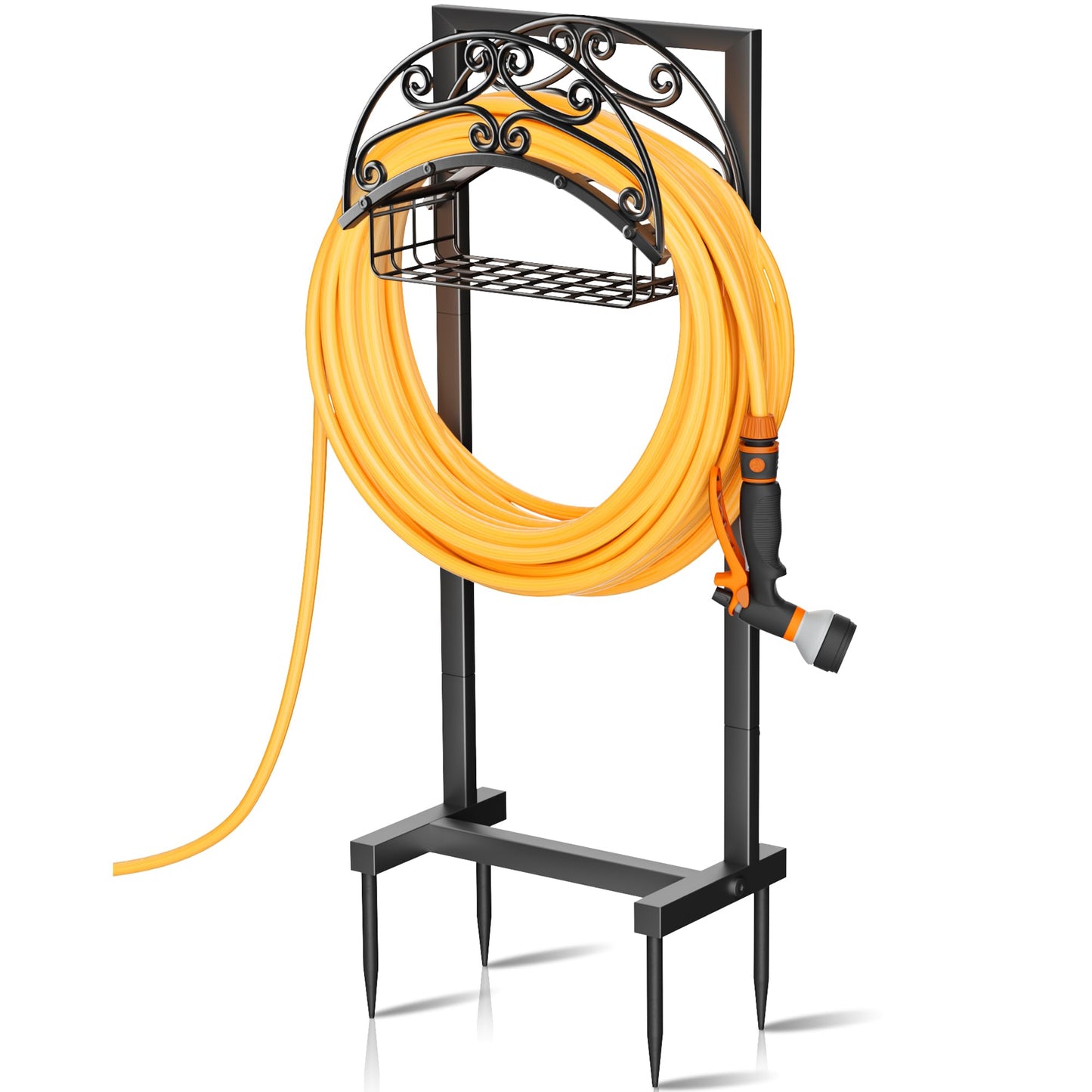 Gayuteay Garden Hose Holder â Water Hose Reel Stand with Storage Basket Holds 151ft, Heavy Duty Freestanding Garden Hanger Storage Rack for Outside Yard Lawn Farm