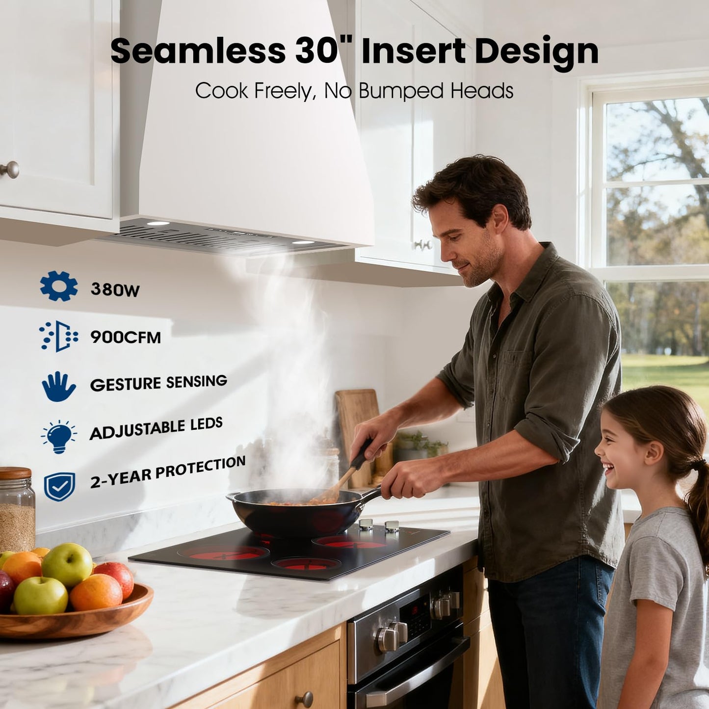 AURAKICH 30 inch Range Hood Insert, 900 CFM Kitchen Vent Hood with Full Copper Motor, Triple Smart Controls, Tunable LED Lighting, Included Charcoal Filters & Duct Pipe