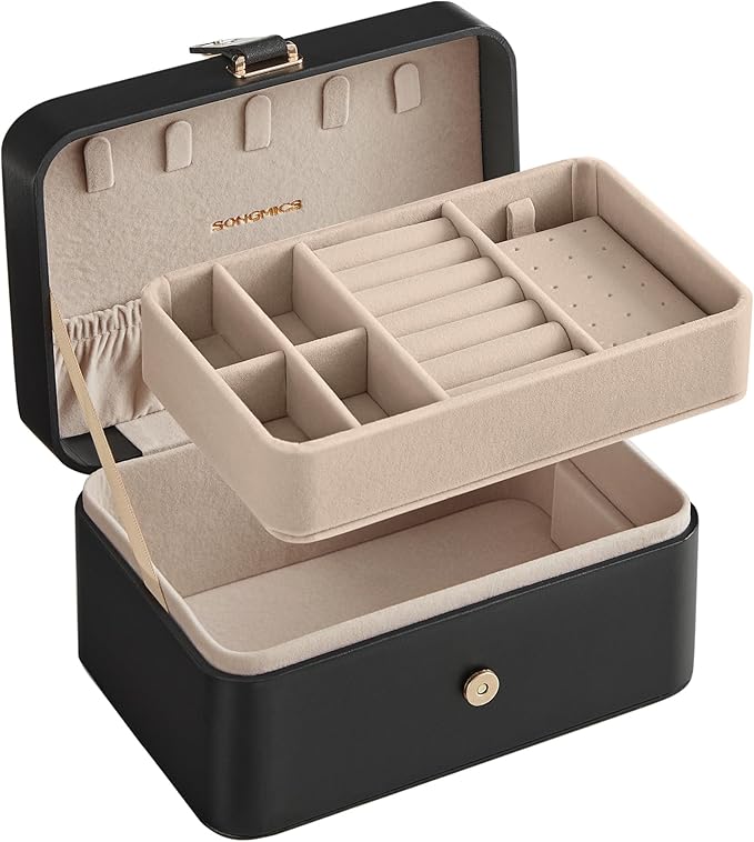 SONGMICS Jewelry Organizer Box, Travel Jewelry Case, 2-Layer Travel Case for Earrings, Necklaces, Bracelets - Portable Jewelry Storage with Large Capacity, Gift Idea, Ink Black UJBC166B01