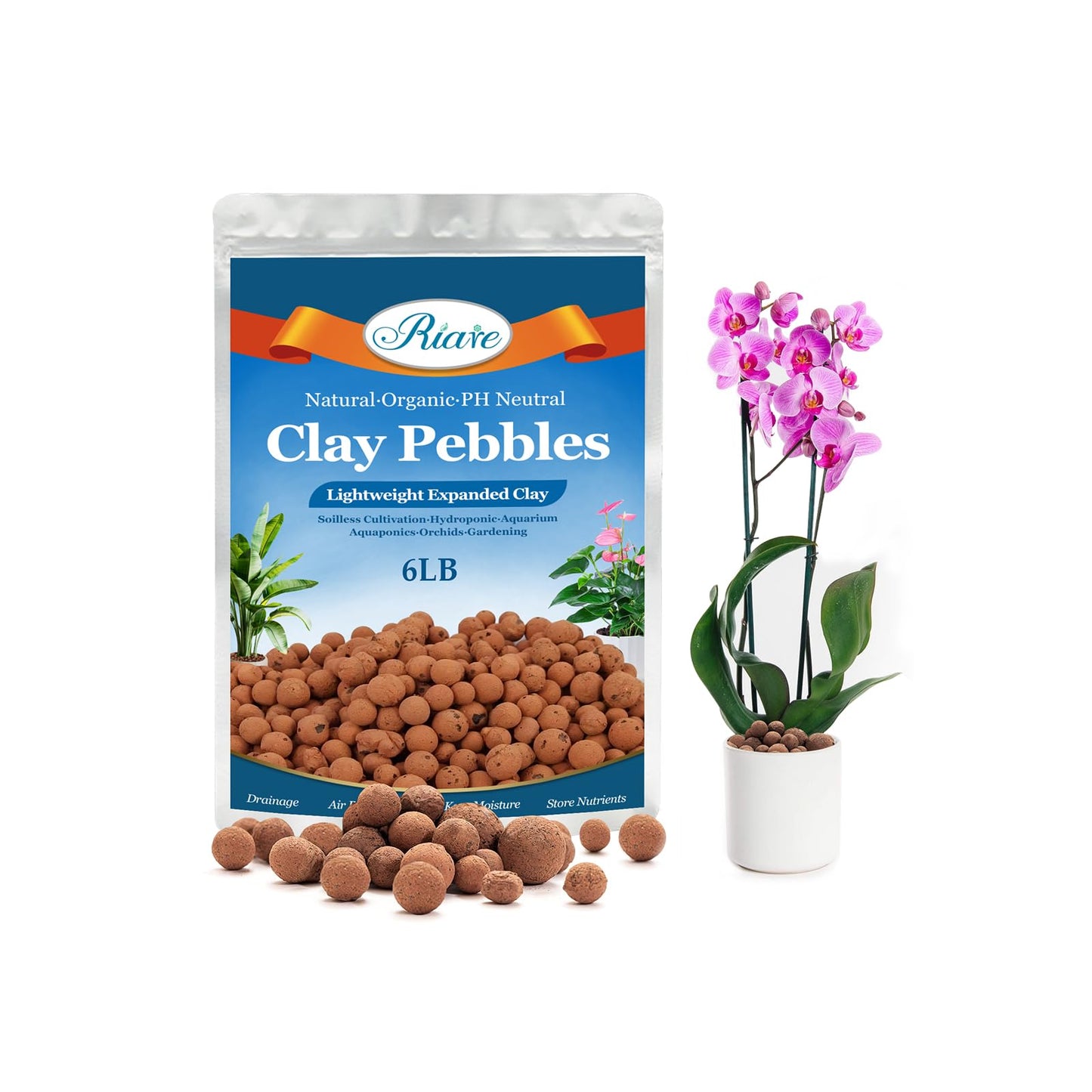 Riare 6 LBS Organic Expanded Clay Pebbles - 4mm-16mm Natural Leca Balls Lightweight Hydroponic Clay Pebbles Aggregate for Indoor Plants, Hydroponic Growing, Plants Drainage, Aquaponics
