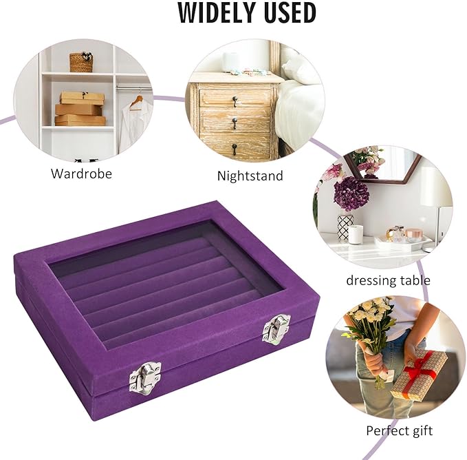 Rings Organizer Tray 7 Slots Velvet Jewelry Earring Storage Box with Transparent lid Jewelry Display Case for Girls Wife Mom Women (Purple)