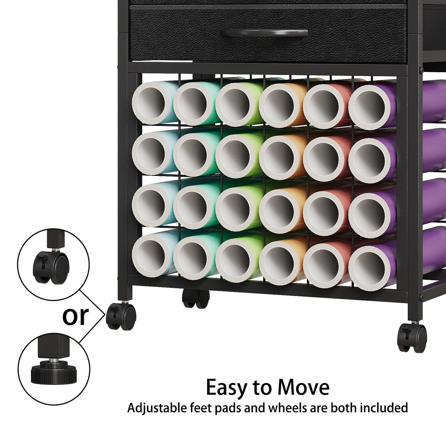 VENNQD Organizer and Storage Stand Compatible with Cricut Machines,Rolling Storage Cart/Shelf with 24 Vinyl Roll Holders,2 Fabric Drawer,Accessories Holder,Tool Hook for Craft Room Home (Black)